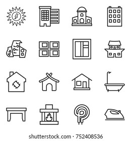 thin line icon set : sun power, houses, mansion, building, modern architecture, panel house, window, japanese, smart, bungalow, home, bath, table, fireplace, elecric oven, iron