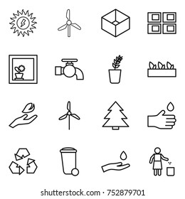 thin line icon set : sun power, windmill, box, panel house, flower in window, water tap, seedling, hand leaf, spruce, drop, recycling, trash bin, and, garbage