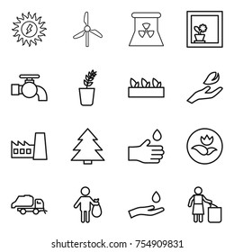 thin line icon set : sun power, windmill, nuclear, flower in window, water tap, seedling, hand leaf, factory, spruce, drop, ecology, trash truck, and, garbage bin