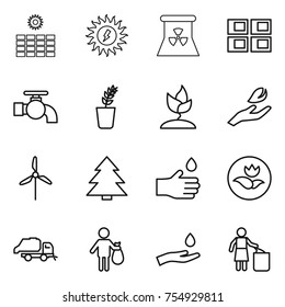 thin line icon set : sun power, nuclear, panel house, water tap, seedling, sprouting, hand leaf, windmill, spruce, drop, ecology, trash truck, and, garbage bin