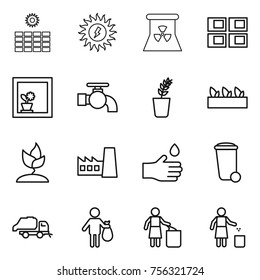 Thin line icon set : sun power, nuclear, panel house, flower in window, water tap, seedling, sprouting, factory, hand drop, trash bin, truck, garbage