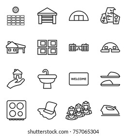 Thin line icon set : sun power, garage, hangare, modern architecture, house with, panel, school, dome, real estate, sink, welcome mat, slippers, hob, floor washing, outsource, iron