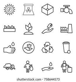 Thin line icon set : sun power, nuclear, box, water tap, seedling, sprouting, hand leaf, factory, drop, ecology, recycling, trash bin, truck, and, garbage