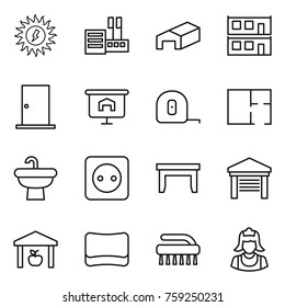 Thin line icon set : sun power, store, warehouse, modular house, door, presentation, measuring tape, plan, sink, socket, table, garage, sponge, brush, cleaner