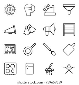 Thin line icon set : sun power, virtual mask, cashbox, funnel, loudspeaker, flippers, rack, tv, pan, big spoon, cutting board, hob, fridge, vacuum cleaner, iron