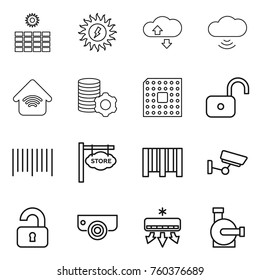 Thin line icon set : sun power, cloude service, cloud wireless, home, virtual mining, cpu, unlock, bar code, store signboard, surveillance, unlocked, camera, air conditioning, water pump