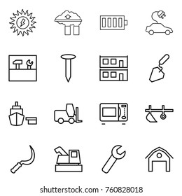 Thin line icon set : sun power, factory filter, battery, electric car, tools, nail, modular house, construction, port, fork loader, microwave oven, plow, sickle, harvester, wrench, barn