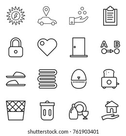 Thin line icon set : sun power, car pointer, chemical industry, clipboard, lock, heart, door, route a to b, slippers, towels, egg timer, toaster, trash bin, dish cleanser, housing