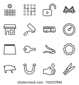 Thin line icon set : sun power, chip, unlock, bridge, shop, repair, bus, barometer, curtain, key, walnut crack, induction oven, pig, horseshoe, hand drop, clothespin