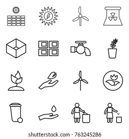 Thin line icon set : sun power, windmill, nuclear, box, panel house, water tap, seedling, sprouting, hand leaf, ecology, trash bin, and drop, garbage