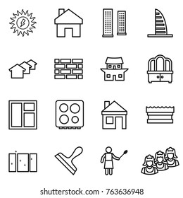 Thin line icon set : sun power, home, skyscrapers, skyscraper, houses, brick wall, japanese house, dresser, window, hob, sponge, clean, scraper, woman with duster, outsource