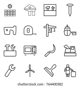 Thin line icon set : sun power, factory filter, tools, nail, slum, measuring tape, tower crane, port, repair, microwave oven, sickle, harvester, wrench, windmill, scraper, garbage bin