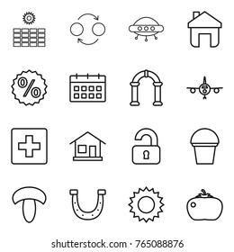 Thin line icon set : sun power, quantum bond, ufo, home, percent, calendar, arch, plane, first aid, unlocked, bucket, mushroom, horseshoe, tomato