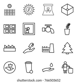 Thin line icon set : sun power, nuclear, box, panel house, flower in window, water tap, seedling, hand leaf, factory, spruce, ecology, trash bin, and drop, garbage