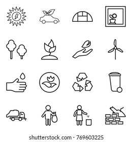Thin line icon set : sun power, eco car, greenhouse, flower in window, trees, sprouting, hand leaf, windmill, drop, ecology, recycling, trash bin, truck, garbage, construct