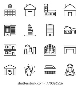 Thin line icon set : sun power, home, mansion, houses, skyscraper, house with garage, modular, city, office, table, warehouse, wiping, brush, cleaner