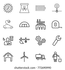 Thin line icon set : sun power, nuclear, battery, laser, electric car, hangare, factory, measuring tape, architector, plow, gears, wrench, barn, windmill, sweeper, garbage bin