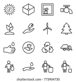 Thin line icon set : sun power, box, flower in window, water tap, sprouting, hand leaf, windmill, spruce, drop, ecology, recycling, trash truck, and, garbage bin