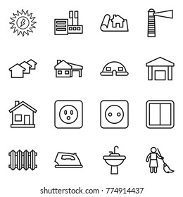 Thin line icon set : sun power, store, project, lighthouse, houses, house with garage, dome, warehouse, home, socket, switch, radiator, iron, water tap sink, brooming