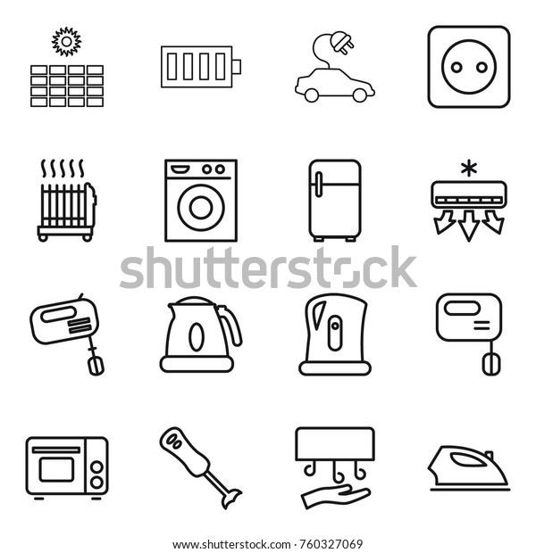 Thin line icon set : sun\
power, battery, electric car, socket, radiator, washing machine,\
fridge, air conditioning, mixer, kettle, grill oven, blender, hand\
dryer, iron