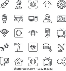 Thin Line Icon Set - support vector, satellite antenna, tv, remote control, record, wireless, eye id, fingerprint, sun panel, air conditioner, smart home, intercome, pc, energy saving bulb, scan