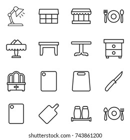 thin line icon set : table lamp, market, cafe, restaurant, nightstand, dresser, cutting board, knife, salt pepper, fork spoon plate