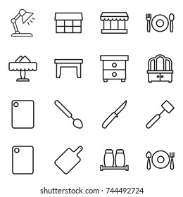 thin line icon set : table lamp, market, cafe, restaurant, nightstand, dresser, cutting board, big spoon, knife, meat hammer, salt pepper, fork plate