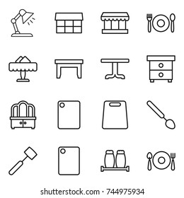 thin line icon set : table lamp, market, cafe, restaurant, nightstand, dresser, cutting board, big spoon, meat hammer, salt pepper, fork plate