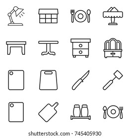 thin line icon set : table lamp, market, cafe, restaurant, nightstand, dresser, cutting board, knife, meat hammer, salt pepper, fork spoon plate