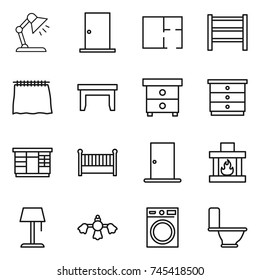 thin line icon set : table lamp, door, plan, rack, curtain, nightstand, chest of drawers, wardrobe, crib, fireplace, floor, hard reach place cleaning, washing machine, toilet