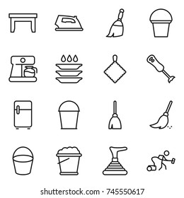 thin line icon set : table, iron, broom, bucket, coffee maker, plate washing, rag, blender, fridge, foam, plunger, vacuum cleaner