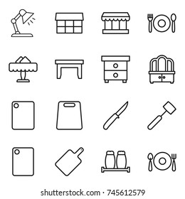 thin line icon set : table lamp, market, cafe, restaurant, nightstand, dresser, cutting board, knife, meat hammer, salt pepper, fork spoon plate