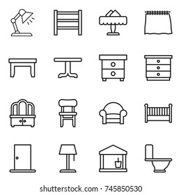 thin line icon set : table lamp, rack, restaurant, curtain, nightstand, chest of drawers, dresser, chair, armchair, crib, door, floor, utility room, toilet