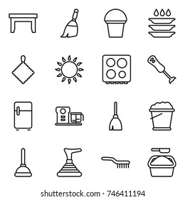 thin line icon set : table, broom, bucket, plate washing, rag, gas oven, hob, blender, fridge, food processor, foam, plunger, brush, powder