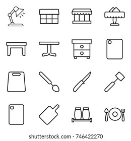 thin line icon set : table lamp, market, restaurant, nightstand, cutting board, big spoon, knife, meat hammer, salt pepper, fork plate