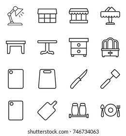 thin line icon set : table lamp, market, restaurant, nightstand, dresser, cutting board, knife, meat hammer, salt pepper, fork spoon plate