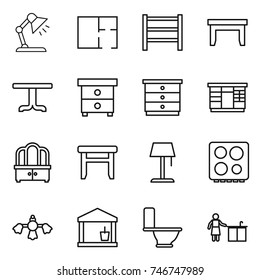 thin line icon set : table lamp, plan, rack, nightstand, chest of drawers, wardrobe, dresser, stool, floor, hob, hard reach place cleaning, utility room, toilet, kitchen