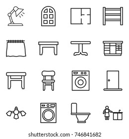 thin line icon set : table lamp, arch window, plan, rack, curtain, wardrobe, stool, chair, washing machine, door, hard reach place cleaning, toilet, kitchen