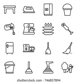 thin line icon set : table, iron, fridge, bucket, mixer, coffee maker, plate washing, blender, food processor, broom, foam, plunger, garden cleaning