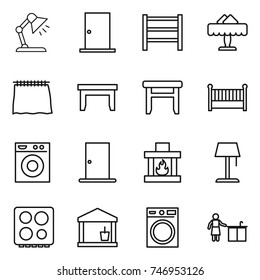 thin line icon set : table lamp, door, rack, restaurant, curtain, stool, crib, washing machine, fireplace, floor, hob, utility room, kitchen cleaning