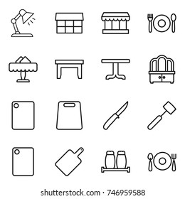 thin line icon set : table lamp, market, cafe, restaurant, dresser, cutting board, knife, meat hammer, salt pepper, fork spoon plate