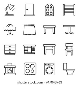 thin line icon set : table lamp, door, arch window, rack, restaurant, curtain, chest of drawers, wardrobe, stool, chair, fireplace, hob, washing machine, toilet