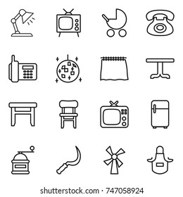 thin line icon set : table lamp, tv, baby stroller, phone, disco ball, curtain, stool, chair, fridge, hand mill, sickle, windmill, apron