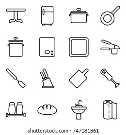 thin line icon set : table, fridge, pan, kitchen scales, cutting board, garlic clasp, spatula, knife holder, blender, salt pepper, bread, water tap sink, paper towel