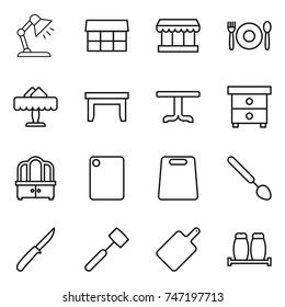 thin line icon set : table lamp, market, cafe, restaurant, nightstand, dresser, cutting board, big spoon, knife, meat hammer, salt pepper