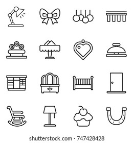 thin line icon set : table lamp, bow, sale, bridge, flower bed, restaurant, heart pendant, service bell, wardrobe, dresser, crib, door, rocking chair, floor, cupcake, horseshoe