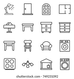thin line icon set : table lamp, door, arch window, plan, restaurant, nightstand, chest of drawers, stool, chair, armchair, washing machine, hob, hard reach place cleaning, utility room
