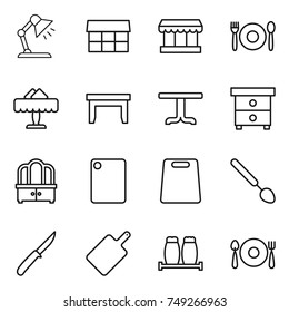 thin line icon set : table lamp, market, cafe, restaurant, nightstand, dresser, cutting board, big spoon, knife, salt pepper, fork plate