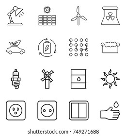 thin line icon set : table lamp, sun power, windmill, nuclear, eco car, battery charge, chip, electrostatic, spark plug, barrel, socket, switch, hand drop