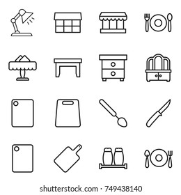 thin line icon set : table lamp, market, cafe, restaurant, nightstand, dresser, cutting board, big spoon, knife, salt pepper, fork plate